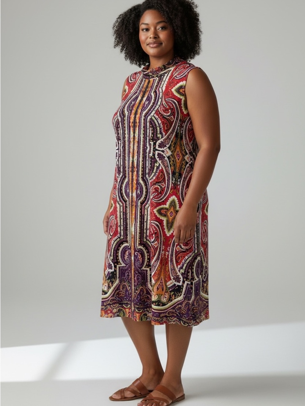 Tiana B. Sleeveless Paisley Midi Dress in Red, Purple & Gold